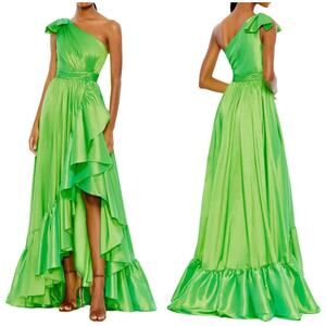 Mac Duggal NWT Green Bow One Shoulder Ruffle Asymmetrical Hem Gown Size 18